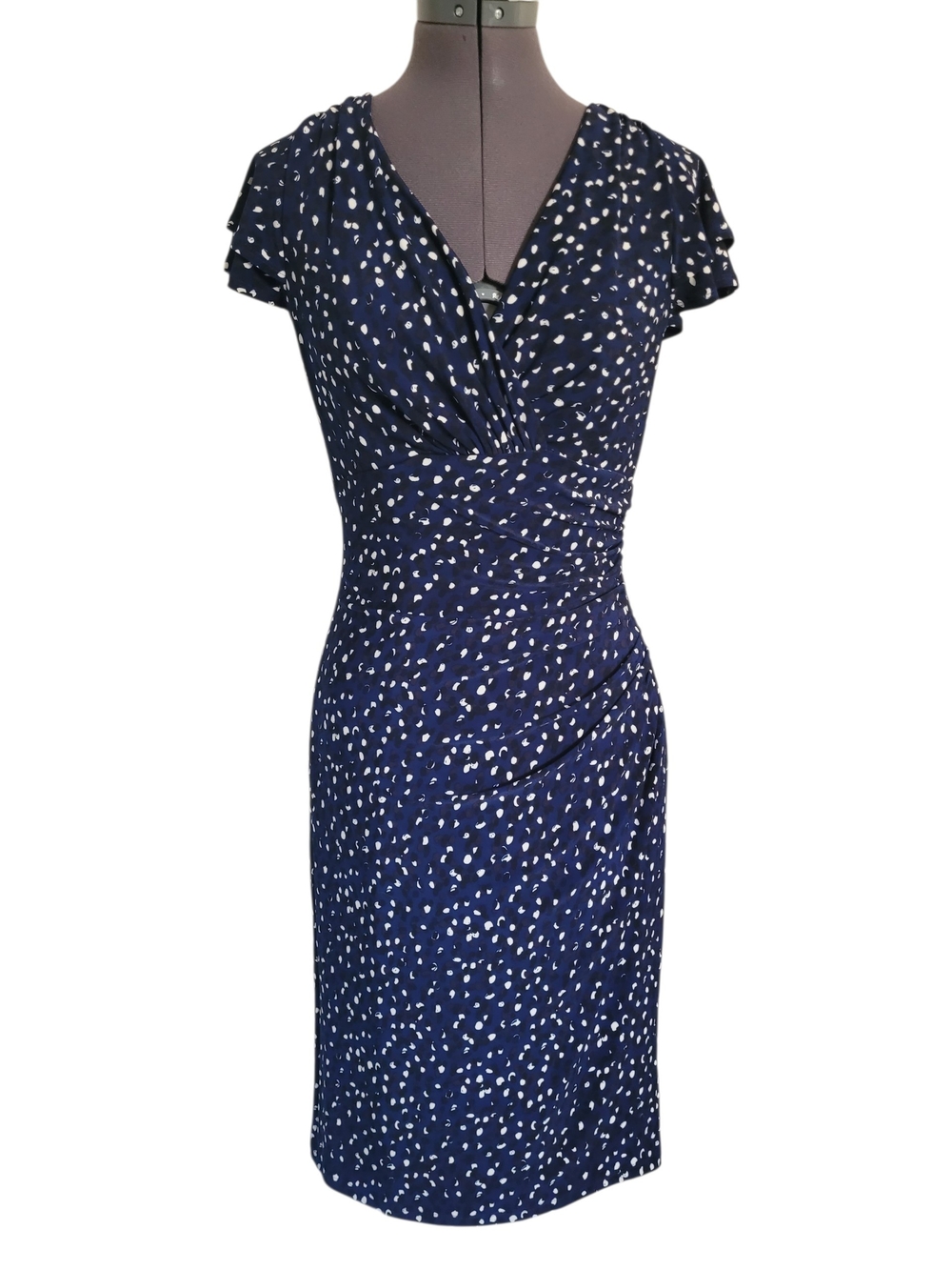Lauren Ralph Lauren Blue Abstract Dot Ruched Faux-Wrap Dress Size 8